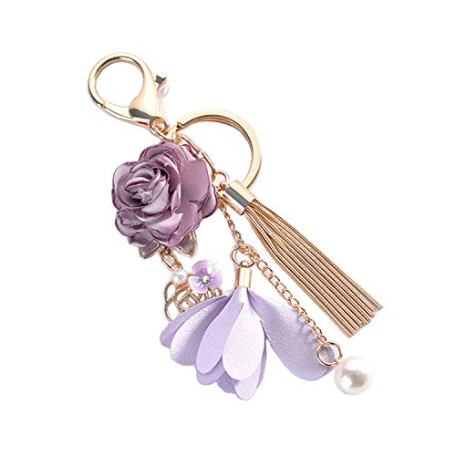Flower Tassel Keychain Pearl Car Keyring Holder Purse Handbag Pendant - color: Purple
