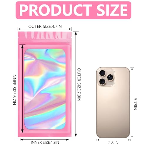 Funfery 100pcs Pink Mylar Holographic Bags-Resealable Zipper&Clear Window - color: Pink, size: 4.7 x 7.9 Inch