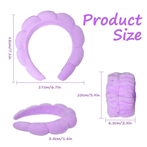 Beleki Spa Headband for Washing and Wristband Set Sponge Headband Women Face Wash Makeup Skincare Non Slip Puffy Headwear Thick Hair Accessories for Women Girls, Purple - color: Purple