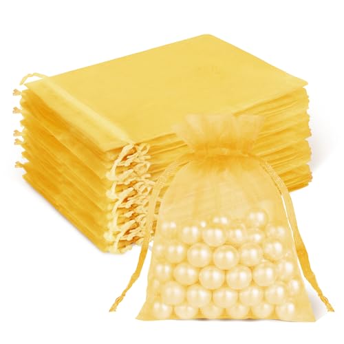 Crweety 50 Pcs Organza Bags 3x4, Gold Small Mesh Gift Bags Drawstring Bulk - color: Gold