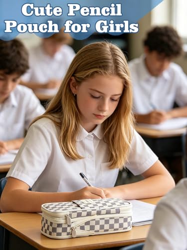 Bigmeta Gingham Expandable Pencil Case for Teens Girls - Light Gray - color: Light Gray