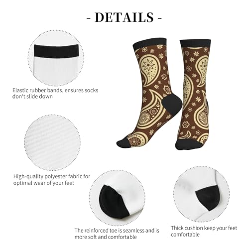 Crew Athletic Socks Funny Crazy Casual Sports Novelty Dress Socks for Women Men Running Hiking - color: Brown Ethnic Paisley Flowers