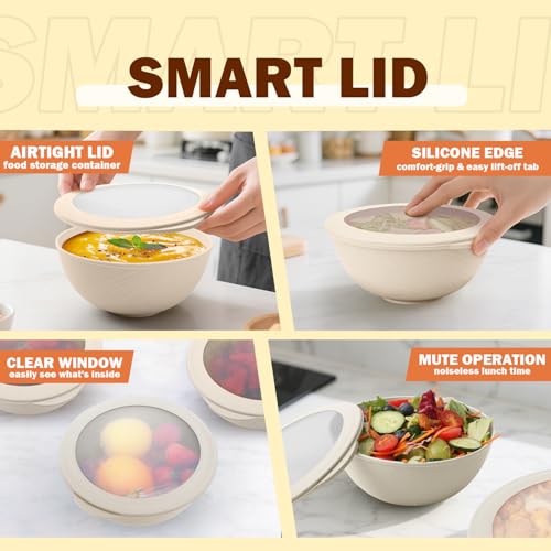 Wheat Straw Bowls Set with Lids, Unbreakable 40 OZ Large Cereal Bowls Set of 4, Salad Container for Lunch, Microwave & Dishwasher Safe Bowl Set for Kitchen, Picnic, RV, Camping, Beige - color: Beige, size: 40 OZ with Lid