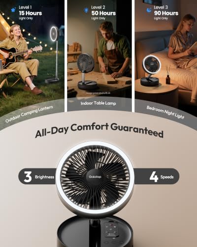 Gaiatop Portable Pedestal Fan 16000mAh Battery [Max 74h Runtime], Foldable Oscillating Standing Fan, Collapsible Desk Fans, LED Light, Case & Remote Control 4 Speeds for Outdoor Travel Camping (Black) - color: Black
