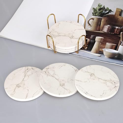4inch Round White Marble Coaster with Gold Storage Rack 6pcs - color: White Coasters