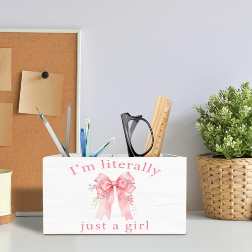 Pink Rose Coquette Bow Pen Holder for Desk, Preppy Girly Bow Pencil Organizer, I'm Literally Just a Girl Wooden Box Sign Desk Decor for Girls Bedroom Dorm Home Office Decoration - color: ROSE BOW