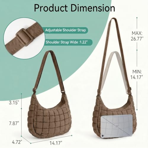 Puffer Crossbody Hobo Bag for Women Nylon Quilted Purse Lightweight Shoulder Handbag with Adjustable Strap - color: 06-dark Khaki