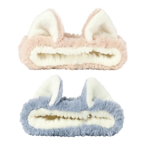 PERFECTSIGHT Kawaii Headband for Spa, Makeup, Washing Face, Party - 2 Pack Cute Hair Band for Shower Beauty Skincare, Soft Facial Headbands for Girls and Women (Blue+Coffee Ear) - color: Blue+Coffee Ear