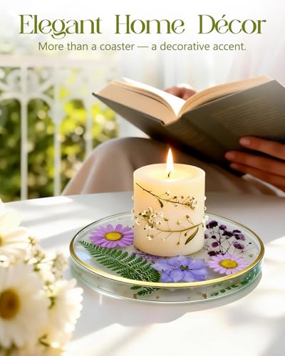 Oqplog Resin Drink Coasters for Desk Coffee Table-Pink&Purple Dried Flowers Round Shape Cup Coasters Set of 2 for Work Office Home Outdoor Decor Gifts for Girls Women - color: Pink&purple 2pcs