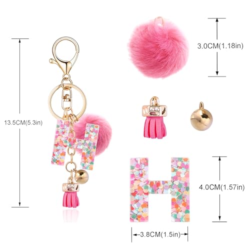 Resin Alphabet Initial Letter Keychain Keyring for Women Purse Handbags With Fur Ball Pom - color: Deep Pink Fur Ball Letter H