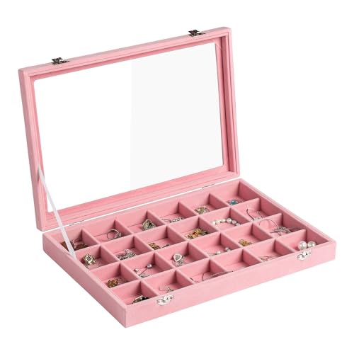Frebeauty 24 Grid Earring Organizer,Velvet Jewelry Tray with Clear Lid - color: Pink, size: 24 Grid