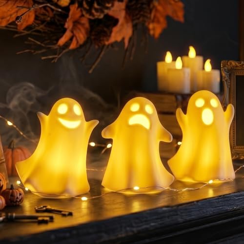Ceramic Ghost Decor, Light Up Ghost Figurines for Halloween with Timer - color: Matte White
