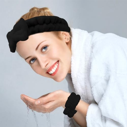 Black Skincare Bubble headband and wristband set for Face Washing - color: Black