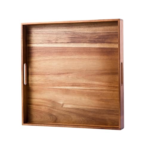 Serving Tray with Handles, 20 Inch Large Square Ottoman Tray Acacia Wood Decorative Tray for Living Room, Ottoman Coffee Table, Kitchen, Appetizers, Breakfast, Patio, Party - color: Square Tray -20 Inch