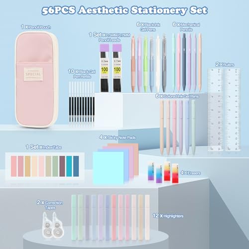 MoKo Pencil Case with Supplies, 56Pcs Aesthetic School Set, Pink - color: Pink-56P
