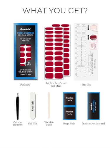 Real Gel Nail Strips (No UV Light Needed) - 44Pcs Salon Quality Nail Stickers - Long Lasting Polish Wraps for Women, Easy Apply & Remove (Classic Red - color: Classic Red