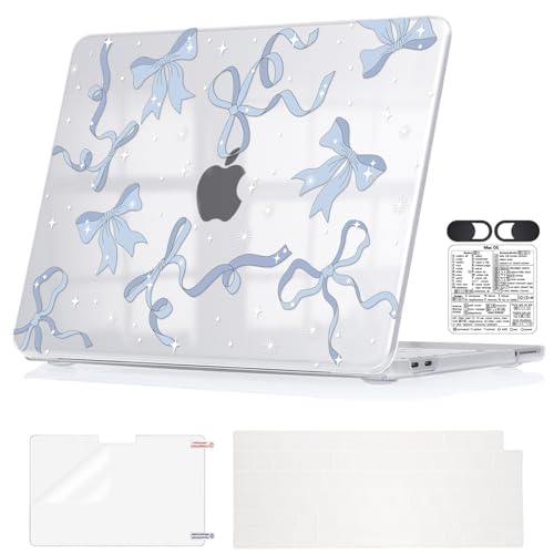 Cute Blue Bow Clear Hard Shell Case for MacBook Neo 13 inch A18 Pro - color: Blue Bow & Stars