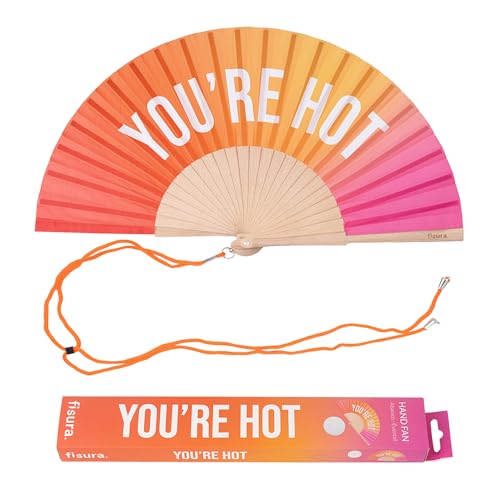 Fisura – Original Folding Fan with Message “You are h*t, Wooden Hand Fan Folding for Women, Gradient Pink Design with Hanger for Wedding, Rave, Festival - Size: 42.5 x 23 cm - color: Hot, Gradient
