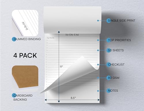 Better Office Products To Do List Notepad, 8.5" x 11", Planning Note Pad, 50 Sheets, Daily Agenda Productivity Checklist Organizer, (4 Pack) - style: 4 Pack