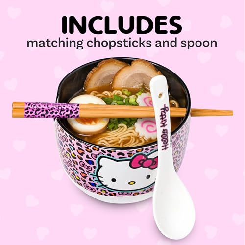 Silver Buffalo Sanrio Hello Kitty Leopard, Ramen Bowl with Chopsticks, 20oz - color: Hello Kitty Pink Leopard Print Spoon, size: 20 Ounces (With Spoon)
