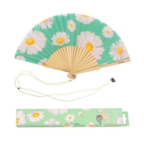 Fisura – Original “Daisy” Folding Fan. Green Wooden Handheld Fan for Women with Hanger. Elegant Accessory for Weddings, Parties, Festivals, Raves and Creative Gift Ideas. 16.7 x 9 - color: Daisies