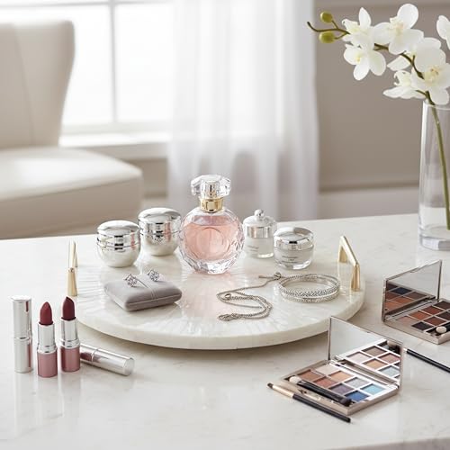 PEMAR Mother of Pearl Decorative Tray, 13" Round with Gold Metal Handles, Vanity/Perfume/Trinket Tray, Catchall for Dresser, Bathroom, Vanity Table (White Sunlight) - color: Cream Starburst