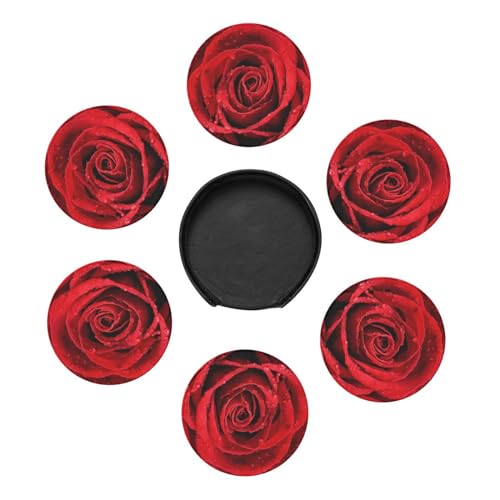 6 Pcs Leather Coasters for Drinks with Holder Blooming Red Roses Coaster Sets Drink Table Cup Coasters for Kitchen Coffee Decor - color: Red Roses