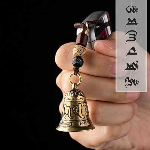 Brass Decorative Bells Keychain with Om Mani Padme Hum Mantra, Hanging Lucky Bell for Car Keys or Backpack as Good Luck Charms - style: Om Mani Padme Hum