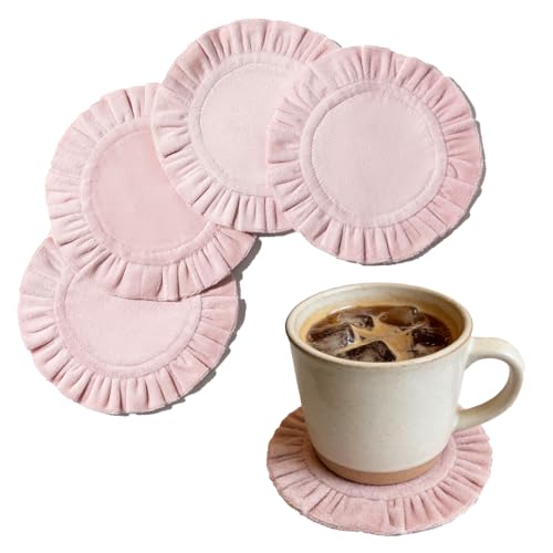 5 Inch Round Ruffle Velvet Coaster, Tabletop Protection, Coffee Table & Bar Decoration, Drink Coasters Suitable for Home Dining Tables & Kitchen Accessories Set of 4, Pink - color: Pink