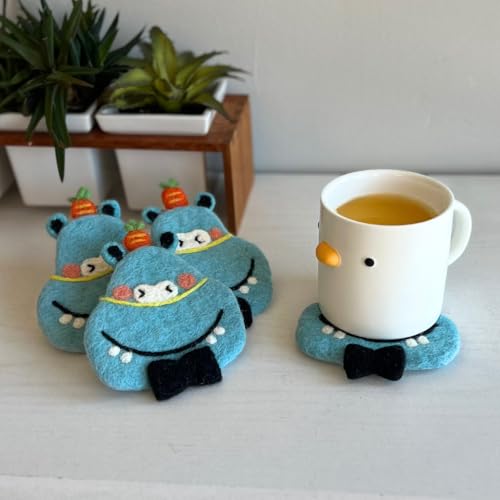 Humble Hilo Handmade Animal Felt Coaster Set of 4, Absorbent Coaster for Animal Lover (Funny Hippo) - color: Funny Hippo