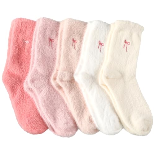 Geyoga 5 Pairs Fuzzy Bow Socks for Women Fluffy Slipper Gift - color: Gradient Pink