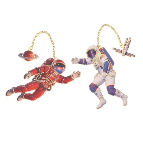 2 Pack Astronaut Metal Bookmarks with Planet and Satellite Chain Pendants - color: Astronaut