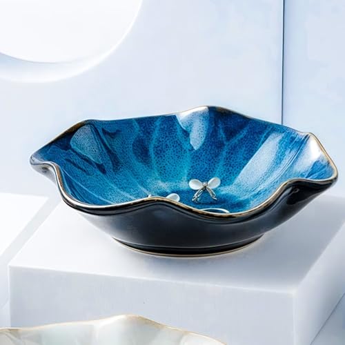 2Pcs Ceramic Jewelry Dish - Lotus Leaf Shape, for Ring Holder Necklace Small Key, Suitable for Mother Friend Sister, Gifts for Women, Cute Plate Trinket Tray, Home Decor (Blue-2PCS) - color: Blue-2PCS