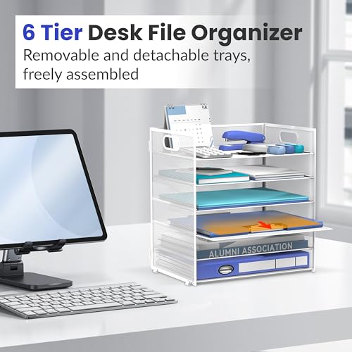 Daltack 6-Tier Paper Organizer for Desk with Handle, White - color: White