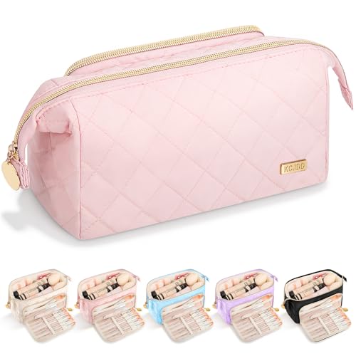 Graduation Gifts Soft Quilted Makeup Bag, Wide Opening Cosmetic Pouch Travel Toiletries Accessories Bag Trendy Makeup Purse for Women Teen Girls Holiday Gifts Birthday Gifts (Light Pink) - color: Light Pink