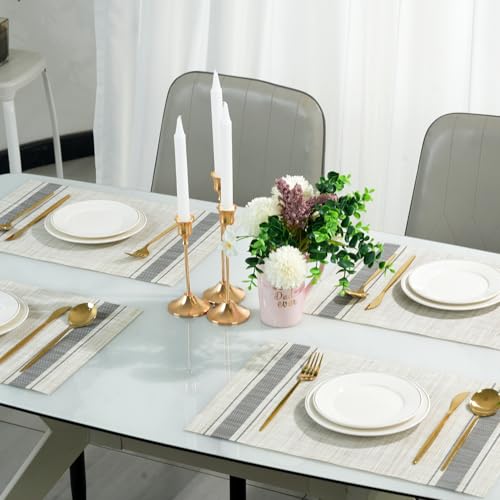 Placemats Set of 6，Non-Slip PVC Weave Table Mats Easy to Clean，Heat Resistant Place Mats for Kitchen Dining Table Decoration Indoor Outdoor，Khaki Gray - color: Khaki Gray
