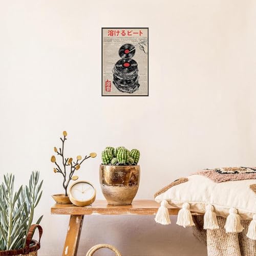Vintage Vinyl Record Canvas Wall Art Funny Melting Beat Newspaper Poster Abstract Japanese Music Record Aesthetic Prints Painting For Home Bedroom Dorm Living Room Wall Decor 12x16in Framed - color: Multi 05 Framed, size: 12"L x 16"W