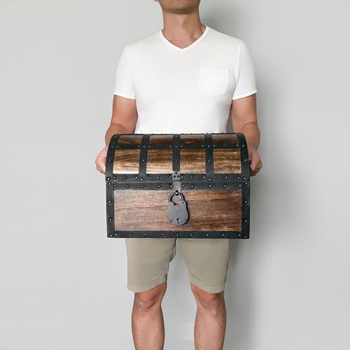 Nautical Cove Handmade Wooden Treasure Chest Storage Box – Deluxe Design with Real Leather Accents, Working Iron Lock & Skeleton Keys, Decorative Keepsake Chest (X-Large - 15 × 11 × 11") - size: X-Large - 15 × 11 × 11 in
