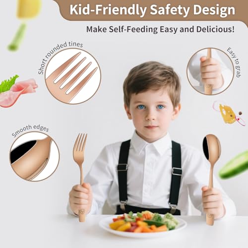 DEHOV Rose Gold Toddler Eating Utensils Set,Set Of 12 Food Grade Stainless Steel Silverware Sets For Kids,Dishwasher Safe Children Small Metal Spoons And Forks Flatware Sets - color: Rose Gold