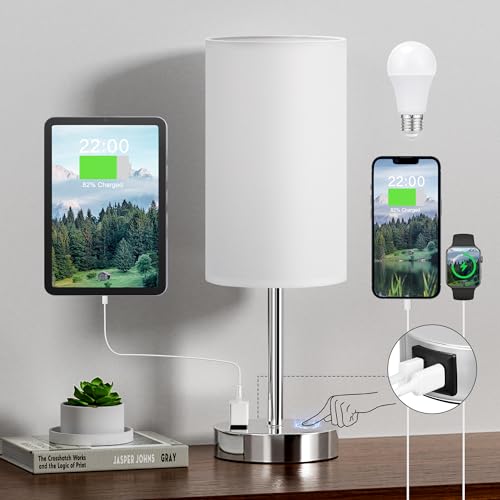 Fenmzee 17.4" White Lamp for Bedroom - Dimmable Touch, USB A+C, AC Outlet - color: White - Silver, size: 17.4"