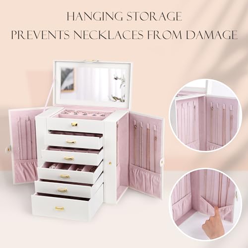 Kendal Extra Large Jewelry Box Jewelry Case PU Leather 6 Tier 5 Drawers Large Storage Capacity with Mirror Jewelry Storage Organizer Great Gift Also Good For Watches LJC-SHD5CM(White) - color: White, size: Extra-Large(12.7"x12"x6.7")
