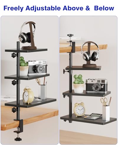 3 Tiers Clamp On Desk Shelf, 360° Angle Adjustable Desktop Shelf Organizer for Home Office Gaming Room, No Drill Desk Extender Adapt to 0.4-2.16 inches Table Thick, Black Brown - color: 3-tier Black