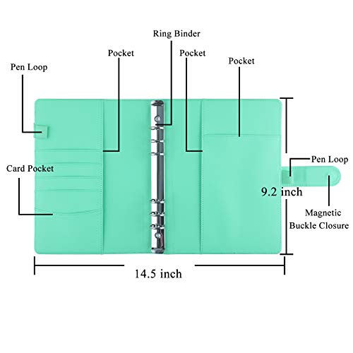 Antner A5 Notebook Binder 6 Ring Refillable Budget Planner Cover for Cash Organizer, PU Leather Loose Leaf Photocard Holder Aesthetic Binder with Magnetic Buckle for A5 Planner Inserts, Light Green - color: Light Green