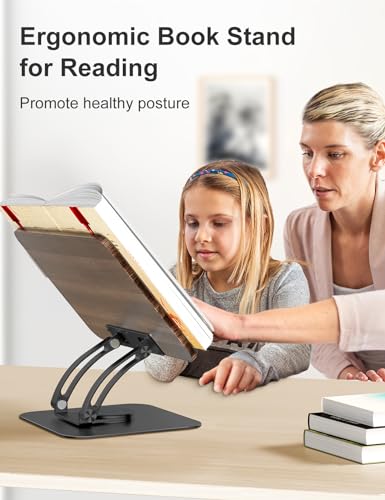 Tounee Book Stand for Reading, Adjustable Book Holder with 360° Swivel Base, Foldable Cookbook Stand Recipe Book Holder with Elastic Page Clips for Music Scores, Recipe, Tablet, Laptop-Black - color: Black