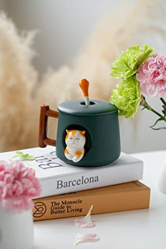 DIHOclub Adorable 3D Ceramic Cat Mug with Lid and Spoon - Perfect for Coffee, Tea, Milk, and More - Ideal Gift for Animal Lovers - 14 Ounces (Green) - color: Green
