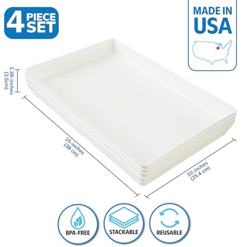 US Acrylic White Plastic Serving Trays (Set of 4) 15” x 10” | Large Unbreakable Reusable Rectangular Party Platters | Serve Appetizers, Fruit, Veggies, & Desserts | BPA-Free & Made in USA (Pack of 2) - color: White, size: 15" x 10" (Pack of 2)