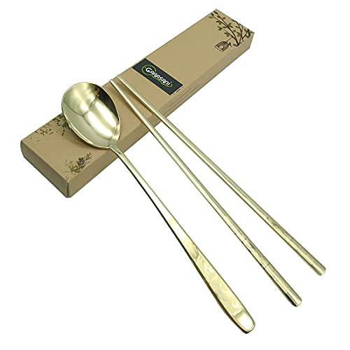 GARASANI Korean Traditional Spoon and Chopsticks Gold Titanium Plated Stainless Steel Cutlery (Gold Longevity) - color: Gold Longevity
