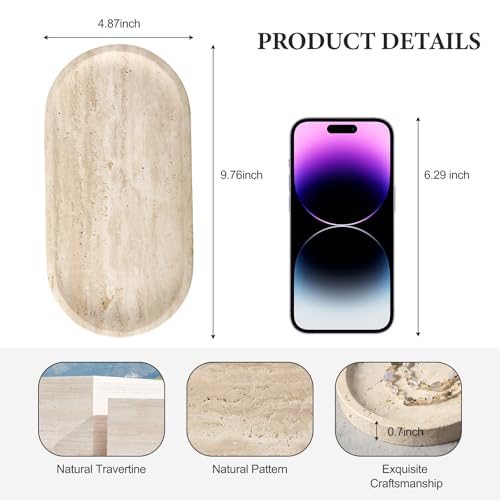 Koville Natural Marble Tray for Bathroom Counter, 10" x 5" Travertine Marble Storage Trays for Perfume, Cosmetics, Jewelry, Vanity Tray Stone Trays for Home, Decorative Tray for Dresser Organizer - color: Travertine