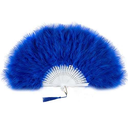 BABEYOND 1920s Marabou Feather Folding Hand Fan - color: Blue