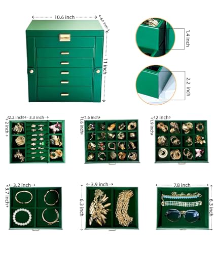 BOOVO Large Jewelry Box for Women 6 Layer - color: Green and Gold, size: 6 Layer